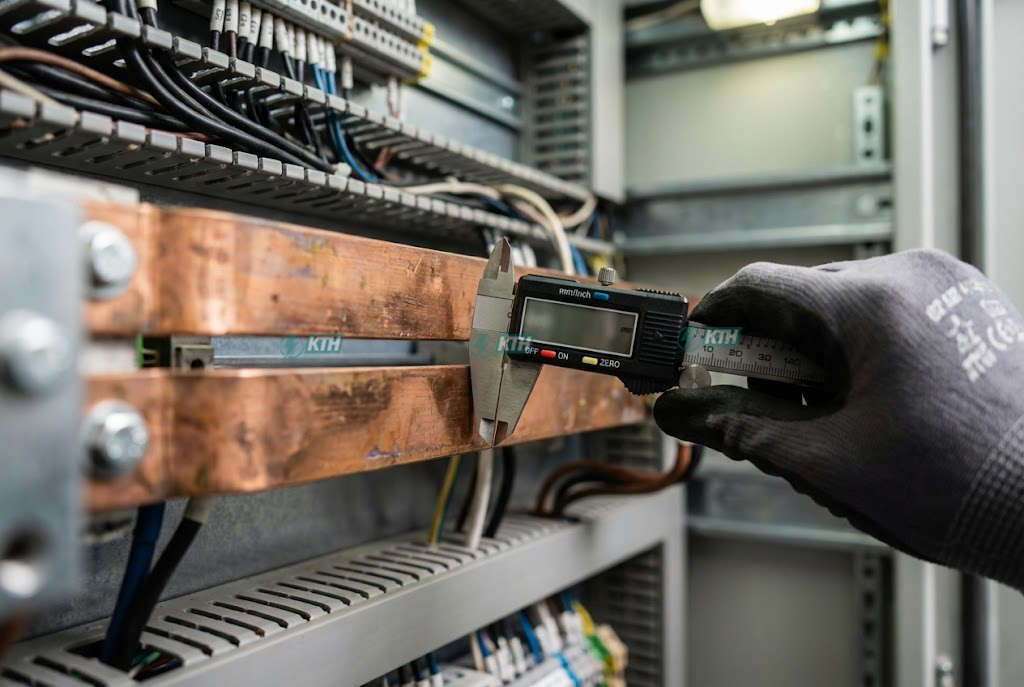 Kỹ thuật viên dùng thước kẹp kiểm tra khoảng cách an toàn (Clearance) giữa các thanh cái đồng trong tủ điện hạ thế.