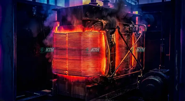 Dòng Điện Fuco Là Gì? Nguyên Lý, Tác Hại Và Ứng Dụng Trong Máy Biến Áp (2025) 2 Minh họa phần "Tác hại". Cho thấy lõi thép bị nóng đỏ do dòng Fuco nếu không được xử lý.