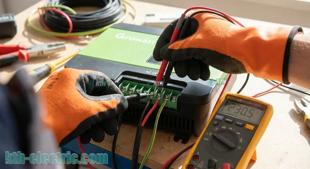 Bảng Mã Lỗi Biến Tần Growatt & Hướng Dẫn Sửa Chữa Chi Tiết (Update 2025) 2 Kỹ thuật viên dùng đồng hồ vạn năng kiểm tra điện áp AC đầu vào của biến tần Growatt.