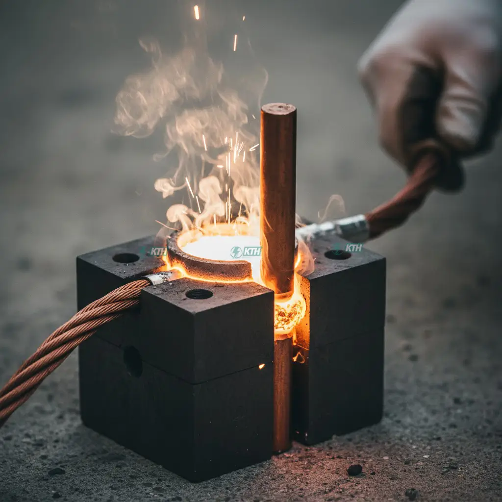 Khoan Giếng Tiếp Địa: Quy Trình 5 Bước & Định Mức Chuẩn TCVN 2025 3 Mối hàn hóa nhiệt cọc tiếp địa và cáp đồng trần