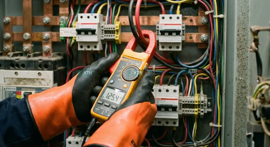 Kỹ thuật viên thực hiện đo điện trở và testing commissioning tủ điện trước khi nghiệm thu hoàn công.