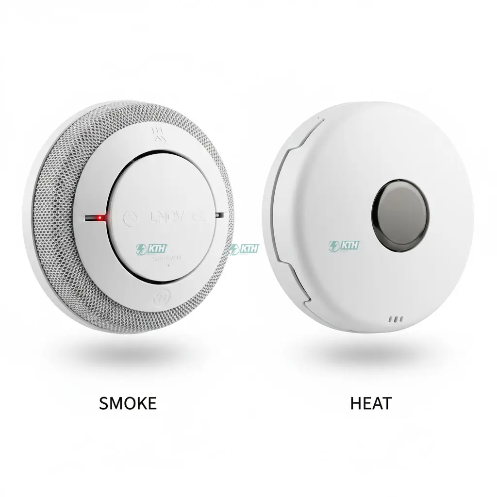 Phân Biệt Đầu Báo Khói & Nhiệt: Nên Lắp Loại Nào Cho Bếp? (2025) 1 So sánh hình dáng bên ngoài đầu báo khói quang điện (có lưới) và đầu báo nhiệt (bề mặt trơn).