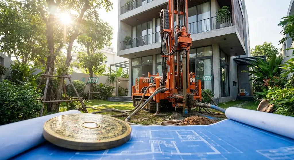 Máy khoan giếng công nghiệp đang thi công bên cạnh la kinh phong thủy và bản vẽ xây dựng năm 2025.