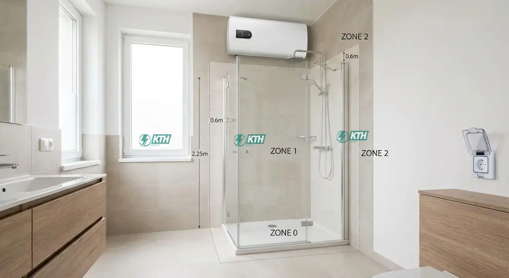 TCVN 7447: Hướng Dẫn Tính Toán & Lắp Đặt Điện Hạ Áp (2025) 5 Sơ đồ phân vùng an toàn điện trong nhà tắm và vị trí lắp đặt ổ cắm chống nước, bình nóng lạnh an toàn.