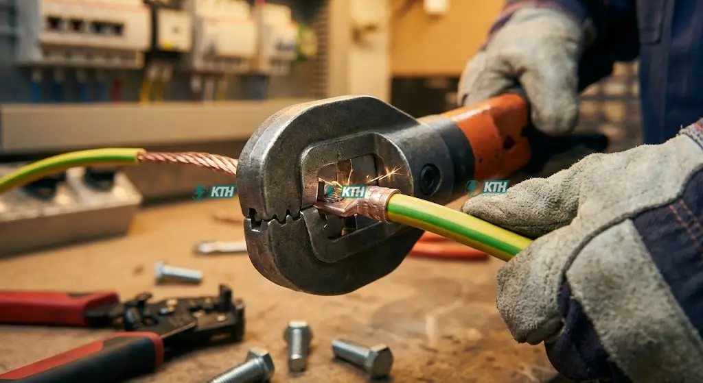 Kỹ thuật viên đang bấm đầu cos dây tiếp địa vàng xanh bằng kìm thủy lực chuyên dụng đảm bảo an toàn điện.