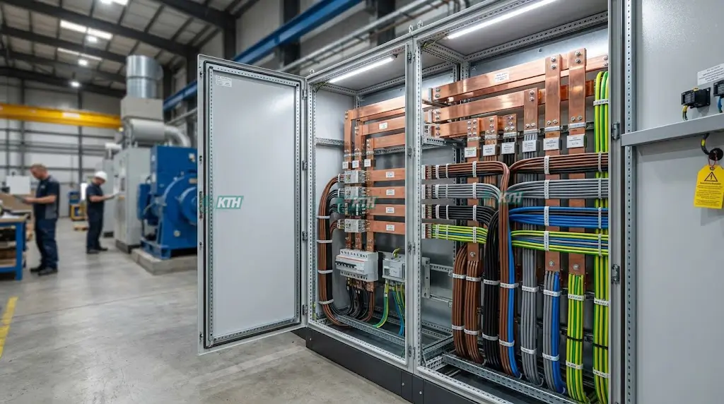 Tủ điện phân phối tổng MSB được đấu nối chuyên nghiệp theo tiêu chuẩn IEC 61439 với thanh cái đồng và dây dẫn gọn gàng.