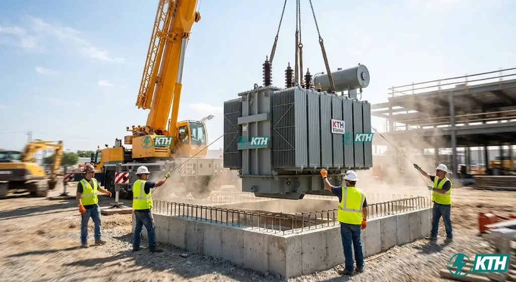 Quy trình cẩu và lắp đặt máy biến áp vào vị trí bệ móng bê tông an toàn.