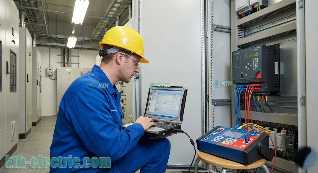 Nâng Cấp Rơ Le Sepam Lên Easergy P5 & P7: Giải Pháp Tối Ưu 3 Kỹ sư KTH Electric đang cấu hình và thí nghiệm rơ le Easergy P7 bằng thiết bị chuyên dụng.