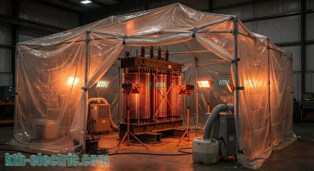 Quy trình sấy khô máy biến áp khô bằng đèn hồng ngoại và máy hút ẩm công nghiệp.