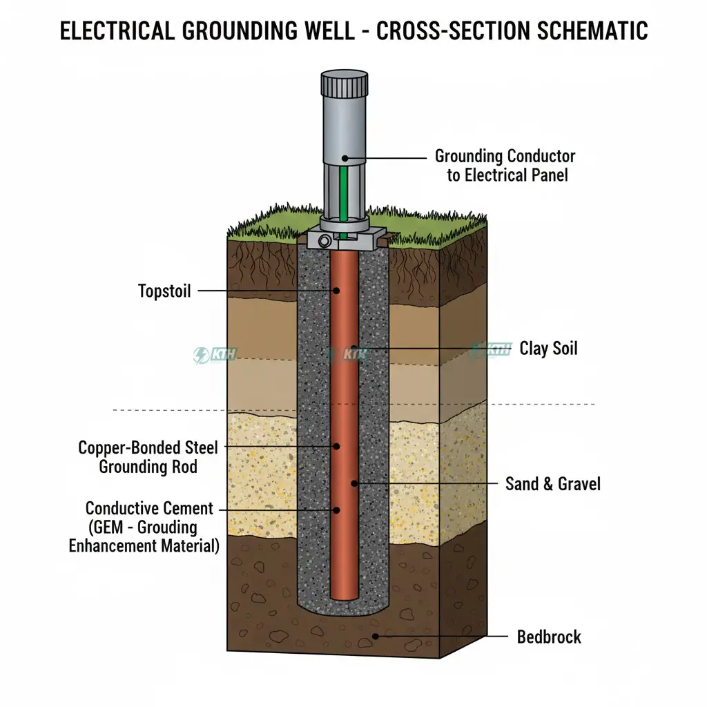 Khoan Giếng Tiếp Địa: Quy Trình 5 Bước & Định Mức Chuẩn TCVN 2025 2 Sơ đồ cấu tạo giếng tiếp địa khoan sâu thả cọc và đổ hóa chất GEM