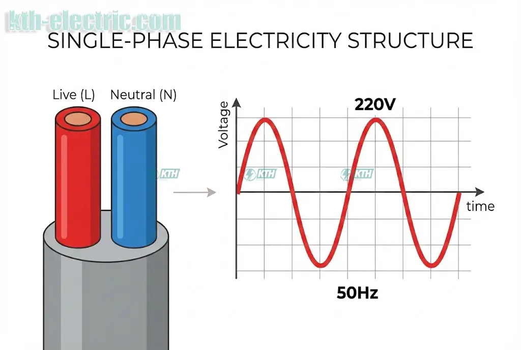 Sơ đồ cấu tạo điện 1 pha gồm dây nóng L và dây trung tính N chuẩn điện áp 220V 50Hz