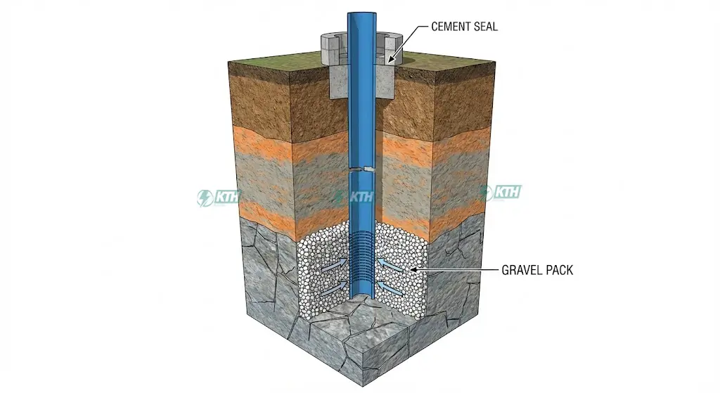 Sơ đồ cấu tạo giếng khoan công nghiệp: Kỹ thuật chèn sỏi thạch anh và trám xi măng cách ly nước bẩn.