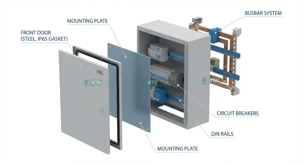 Tủ Điện Là Gì? "Giải Phẫu" Cấu Tạo & Tiêu Chuẩn IEC (2025) 4 Sơ đồ bóc tách cấu tạo lớp vỏ và thiết bị bên trong tủ điện đạt chuẩn IP65.