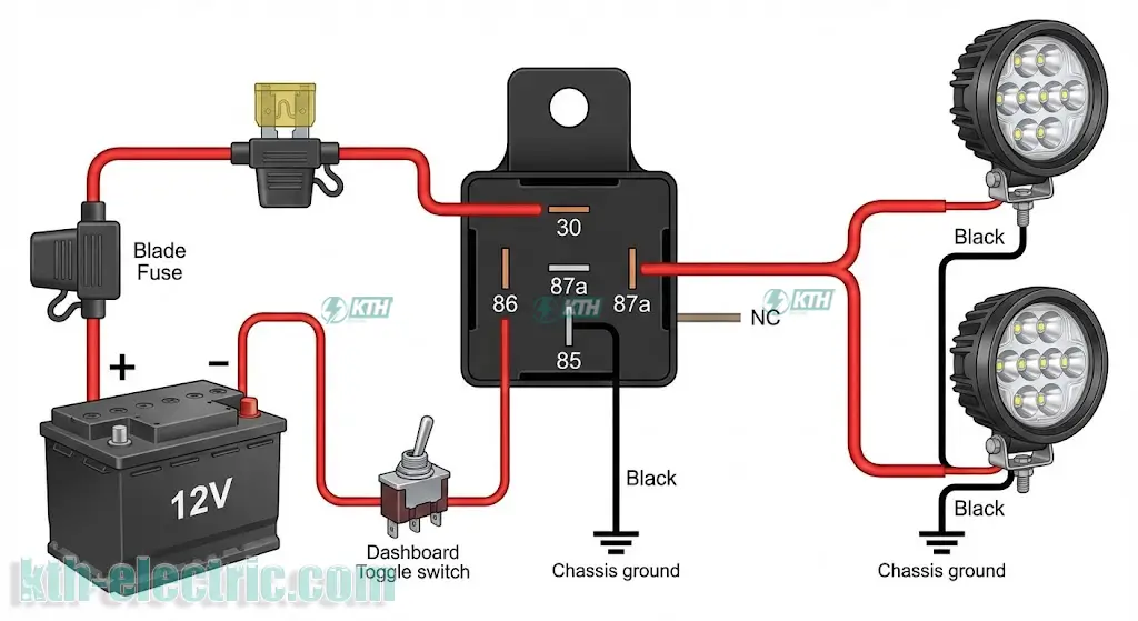 Sơ đồ hướng dẫn đấu nối Relay 5 chân 12V chi tiết để lắp đèn trợ sáng cho ô tô xe máy.