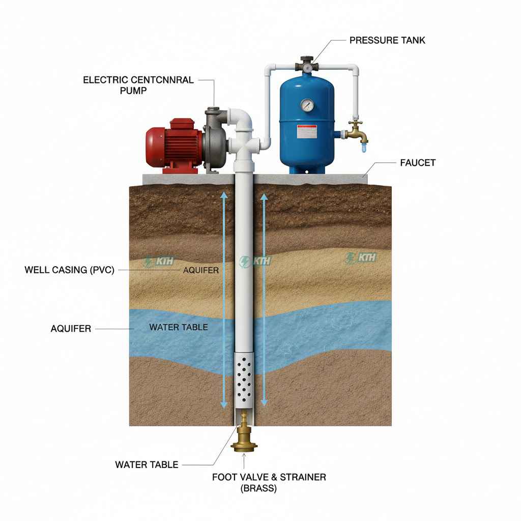Sơ đồ nguyên lý máy bơm nước giếng khoan và vị trí luppe rọ hút.
