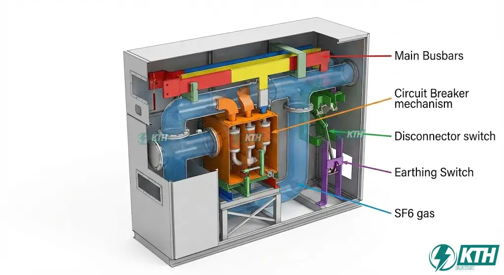 Sơ đồ nguyên lý và mặt cắt cấu tạo bên trong ngăn lộ trạm biến áp GIS sử dụng khí SF6