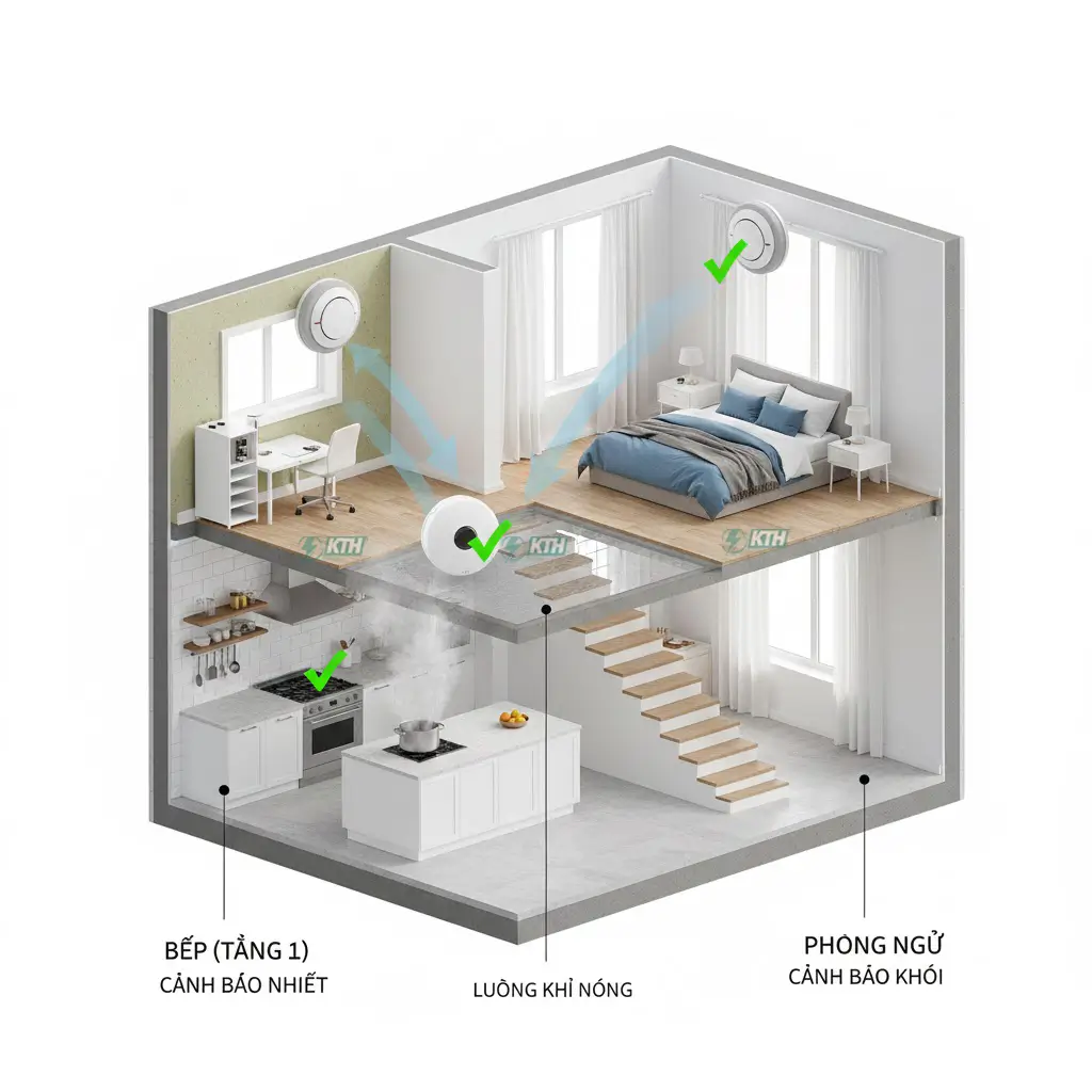 Phân Biệt Đầu Báo Khói & Nhiệt: Nên Lắp Loại Nào Cho Bếp? (2025) 3 Sơ đồ vị trí lắp đặt đầu báo cháy: Bếp lắp đầu báo nhiệt, phòng ngủ lắp đầu báo khói.