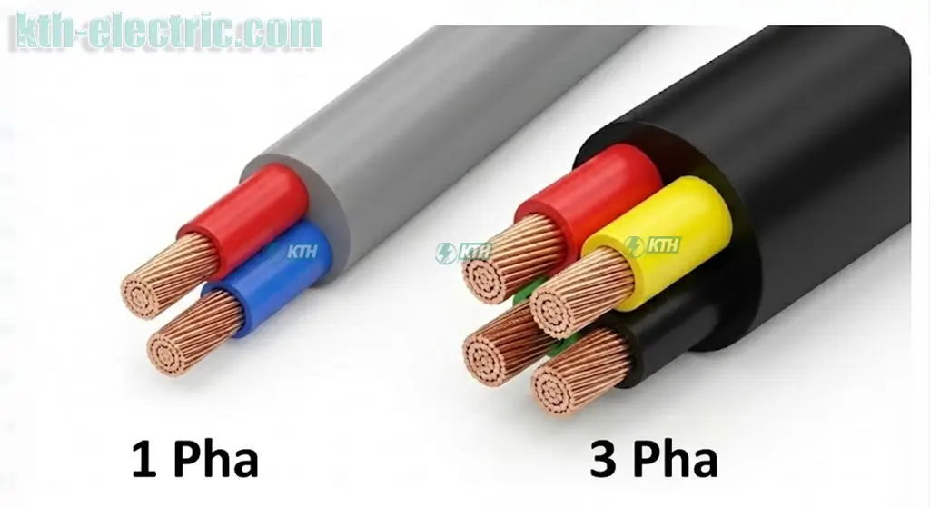 Hình ảnh 3D so sánh tiết diện dây cáp điện 1 pha 2 lõi và dây cáp điện 3 pha 4 lõi
