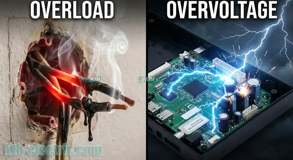 So sánh hình ảnh dây điện bị nóng chảy do quá tải và bo mạch điện tử bị nổ do quá áp.