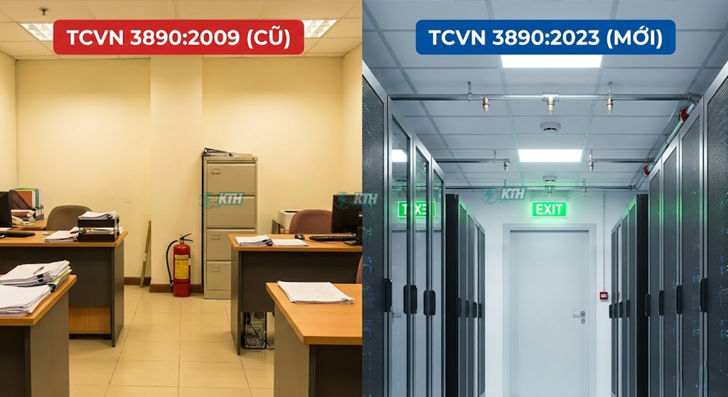 Hình ảnh so sánh trang bị PCCC giữa tiêu chuẩn cũ TCVN 3890:2009 cho văn phòng và tiêu chuẩn mới TCVN 3890:2023 yêu cầu hệ thống chữa cháy khí tự động cho phòng máy chủ.
