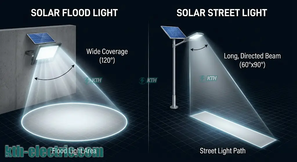 Sơ đồ so sánh góc chiếu sáng 120 độ của đèn pha và góc chiếu hẹp của đèn đường năng lượng mặt trời