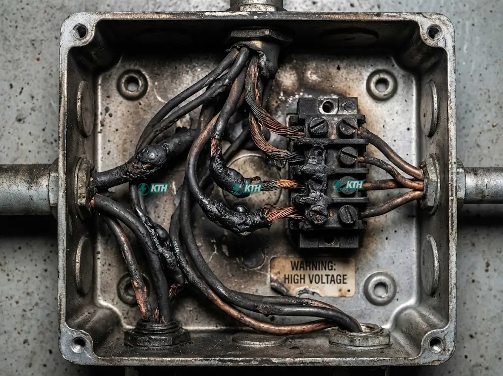 Thi Công Điện Nhà Xưởng: Quy Trình & Báo Giá Chi Tiết 2025 5 Hình ảnh dây điện bị cháy đen và nóng chảy do mối nối lỏng lẻo và quá tải trong tủ điện công nghiệp.