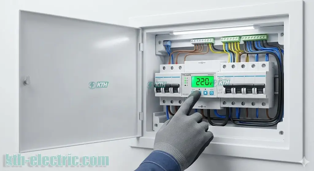 Tủ điện gia đình lắp đặt thiết bị chống sốc điện cách ly TTE-SAFE hiển thị chỉ số an toàn.