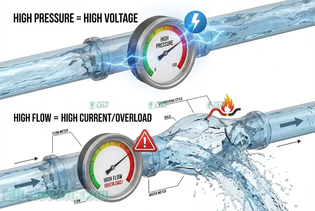 Biểu đồ so sánh dòng điện giống lưu lượng nước và điện áp giống áp lực nước.
