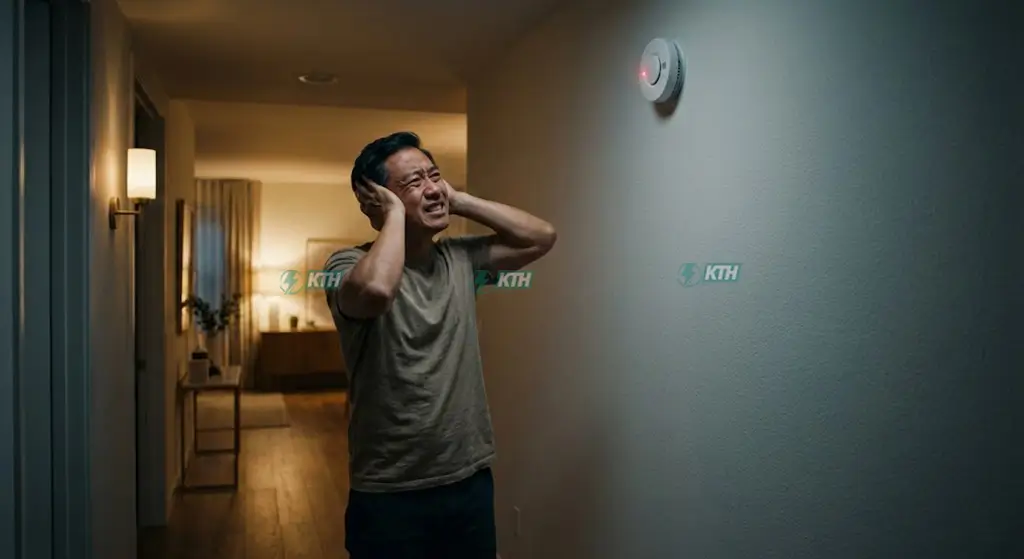 Người đàn ông bịt tai vì tại sao đầu báo cháy hay báo giả kêu liên tục vào ban đêm.