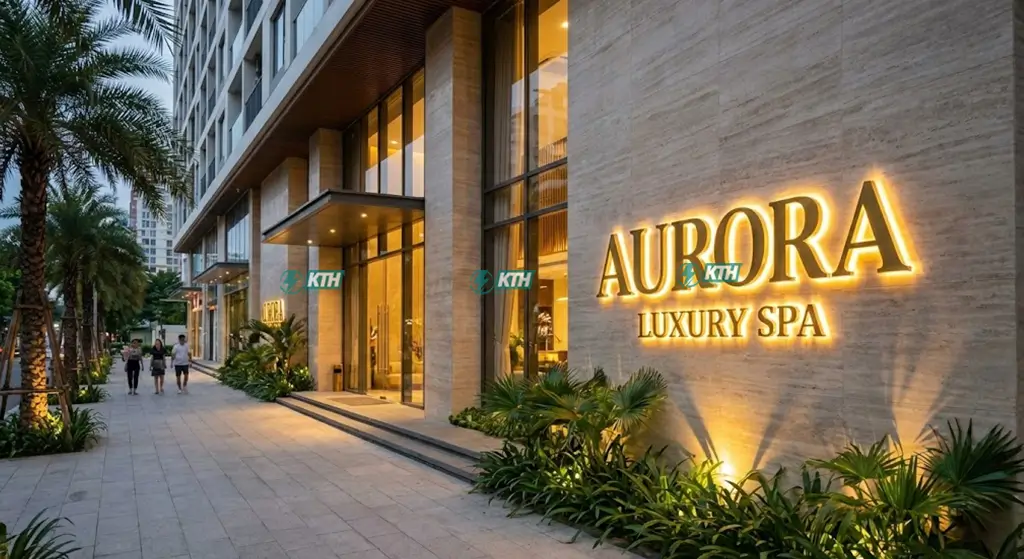 Mẫu bảng hiệu chữ nổi Inox vàng gương kết hợp đèn LED hắt chân sang trọng thi công tại khu đô thị Phú Mỹ Hưng Quận 7.