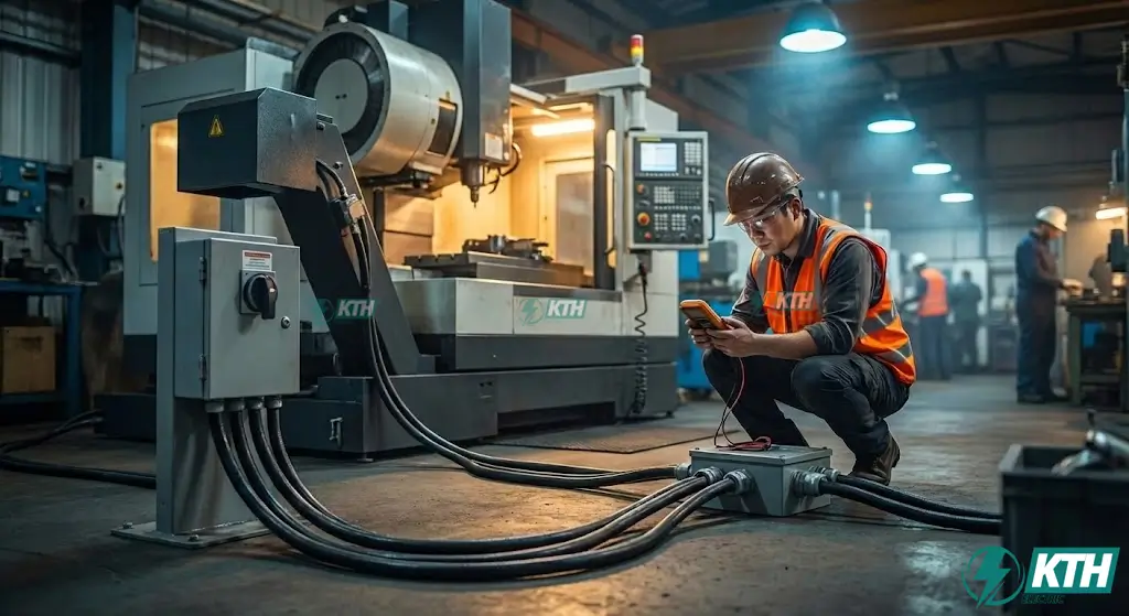 Kỹ sư điện đang kiểm tra đấu nối cáp động lực công suất lớn cho máy CNC trong môi trường nhà xưởng cơ khí nặng, minh họa cho đặc thù dự án ảnh hưởng trực tiếp đến chi phí thi công điện.
