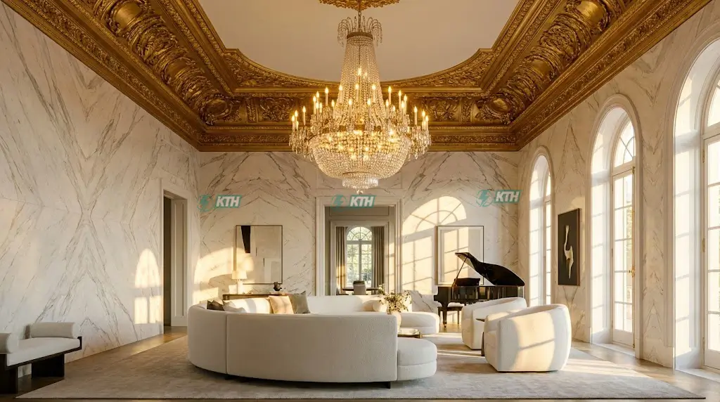 Thi công điện biệt thự tân cổ điển giấu dây tinh xảo trên tường đá marble và trần phào chỉ dát vàng.