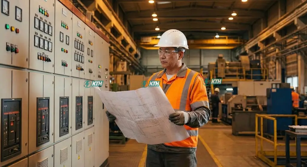 Thi Công Điện Nhà Xưởng: Quy Trình & Báo Giá Chi Tiết 2025 2 Kỹ sư điện KTH Electric đang kiểm tra bản vẽ sơ đồ đơn tuyến hệ thống điện nhà xưởng công nghiệp trước khi thi công.
