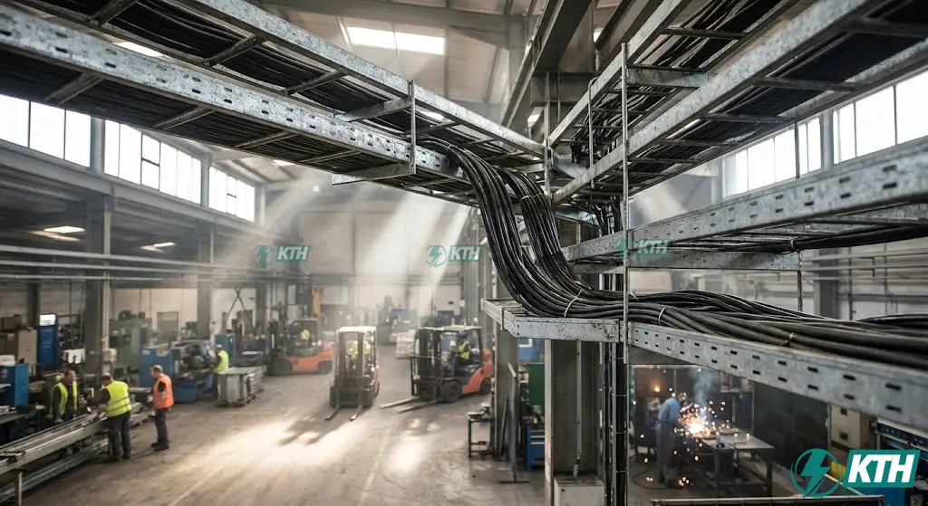 Hệ thống thang máng cáp điện công nghiệp (cable tray) được lắp đặt chuyên nghiệp trên trần nhà xưởng cao, minh họa cho biện pháp thi công tốn kém nhưng an toàn và chuẩn mực so với đi ống nổi giá rẻ.