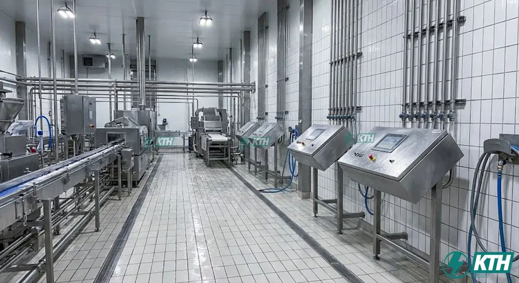 Tổng quan hệ thống điện inox 304 với thiết kế vệ sinh (Hygienic Design) trong nhà máy chế biến thực phẩm ướt, các tủ điện có mái dốc và lắp đặt cách tường.