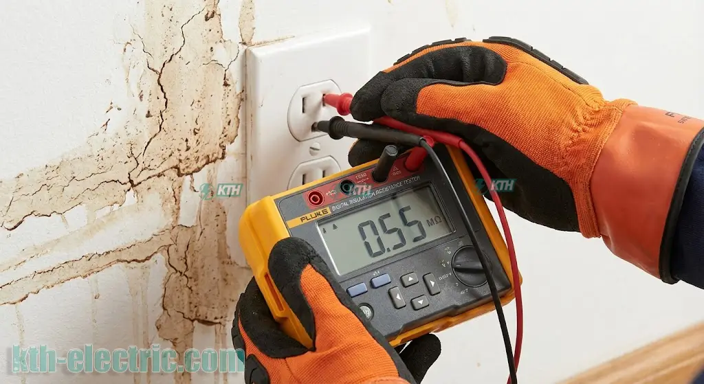 Thợ điện dùng đồng hồ vạn năng đo điện trở cách điện trước khi đóng cầu dao.