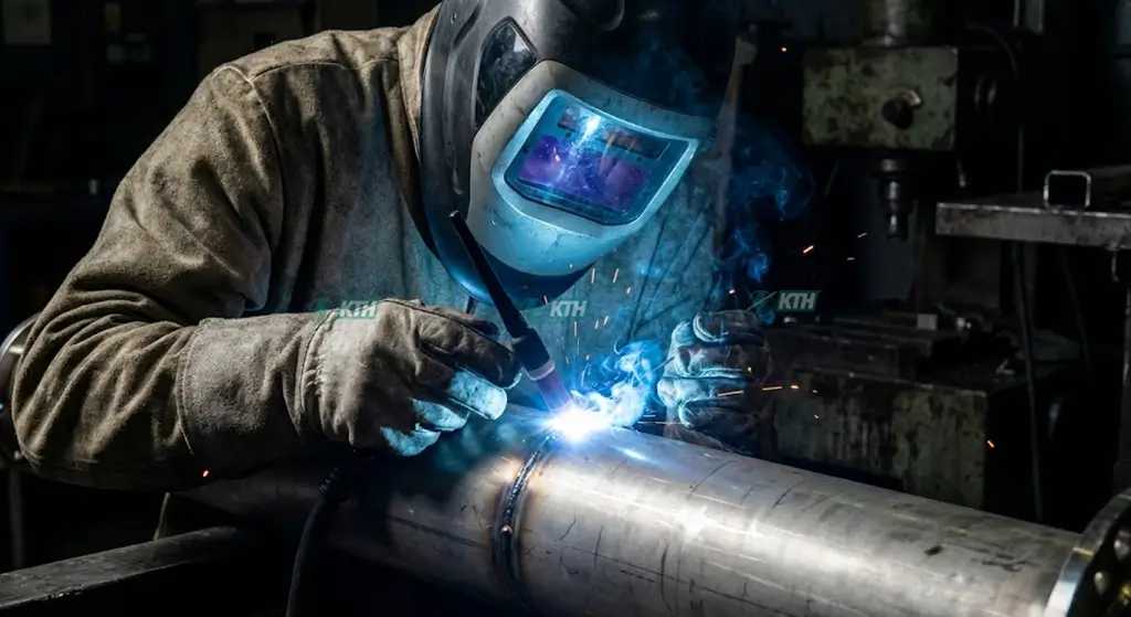 TCVN 7472:2004 (ISO 3834): Hướng Dẫn Quy Trình Hàn & WPS Chi Tiết 3 Thợ hàn có chứng chỉ tay nghề đang thực hiện kỹ thuật hàn TIG trên đường ống chịu áp lực