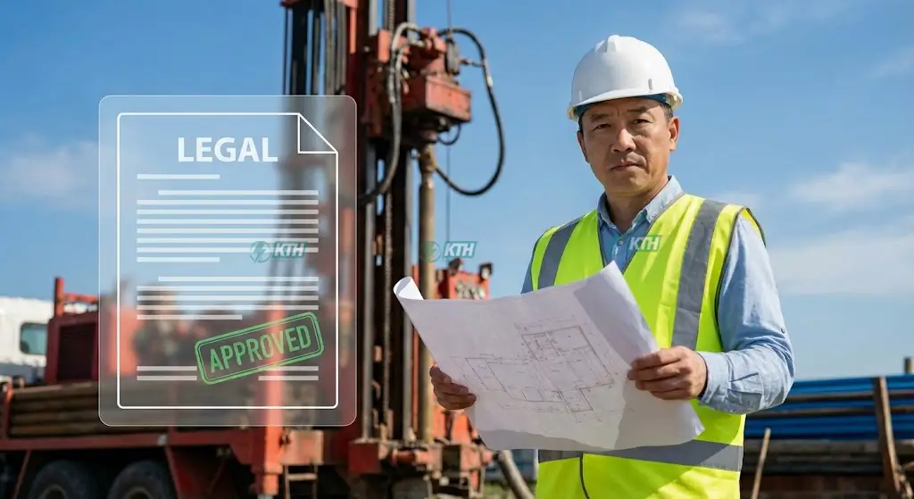 Kỹ sư địa chất kiểm tra hồ sơ xin cấp giấy phép khai thác nước ngầm tại công trường khoan giếng.