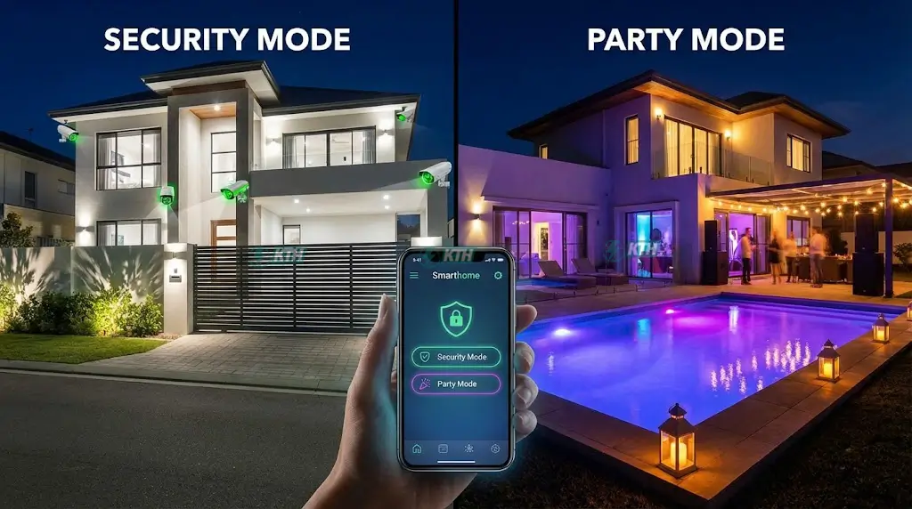 Thi Công Điện Biệt Thự & Penthouse: Giải Pháp Smarthome & An Toàn 2025 3 Hệ thống điện thông minh Smarthome điều khiển kịch bản ánh sáng và an ninh cho biệt thự sân vườn.