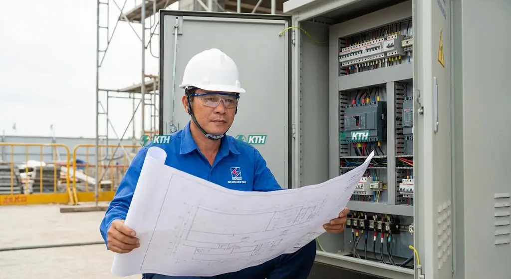 TCVN 7447: Hướng Dẫn Tính Toán & Lắp Đặt Điện Hạ Áp (2025) 1 Kỹ sư cơ điện đang kiểm tra hệ thống tủ điện hạ áp tuân thủ tiêu chuẩn TCVN 7447 và IEC 60364 tại công trình xây dựng.