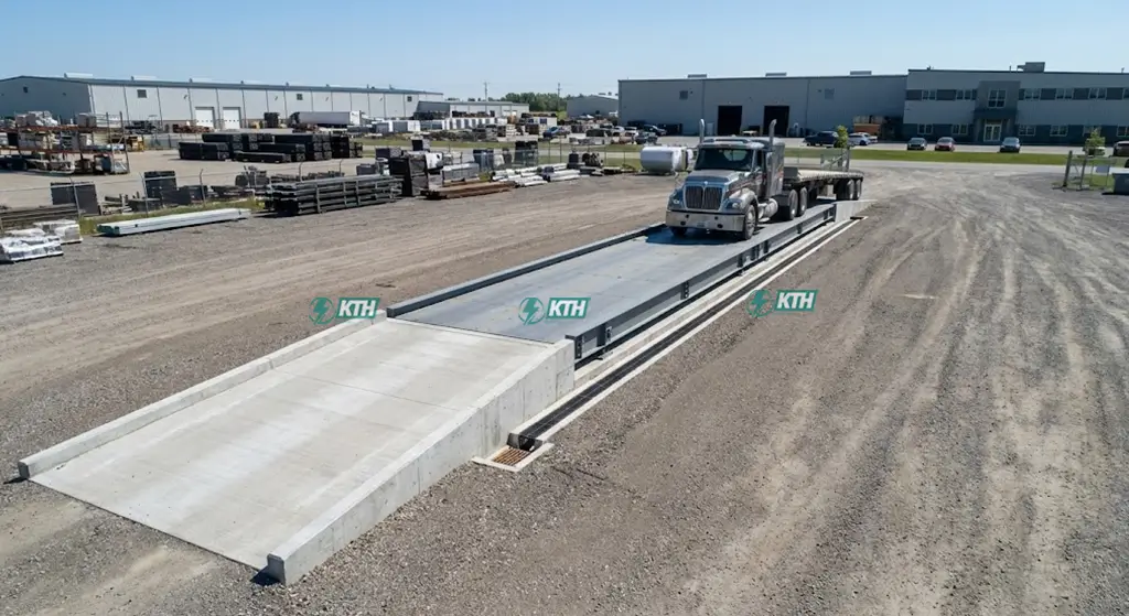 Tất Tần Tật Về Trạm Cân Xe Tải: Cấu Tạo, Phân Loại & Báo Giá 2025 3 Mô hình trạm cân xe tải kiểu nổi (Pitless) với hai dốc dẫn bê tông và gầm cân thoáng dễ thoát nước.