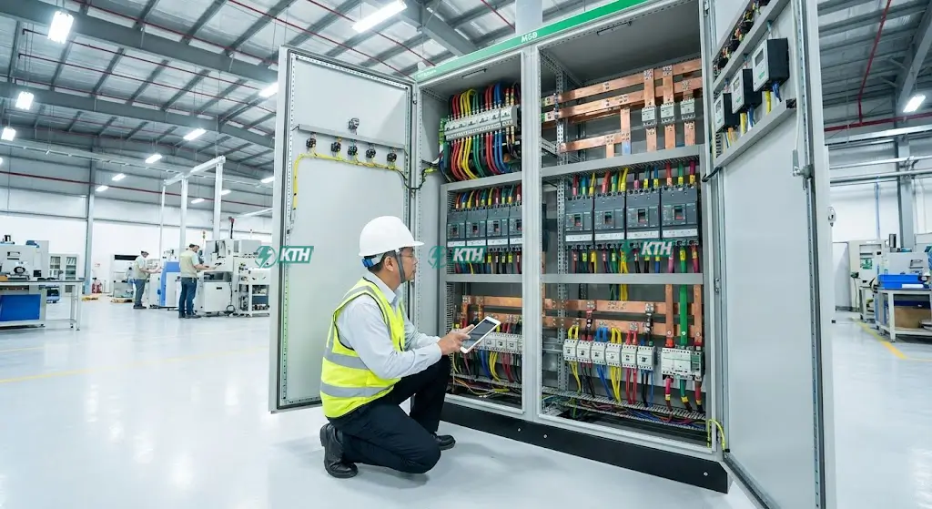 Kỹ sư KTH Electric đang kiểm tra tủ điện công nghiệp MSB 3 pha với hệ thống thanh cái và aptomat Schneider chính hãng tại nhà máy.