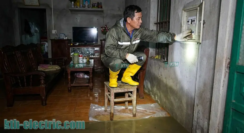 Tư thế đứng ngắt điện an toàn: Mang ủng cao su và đứng trên vật cách điện khô ráo.