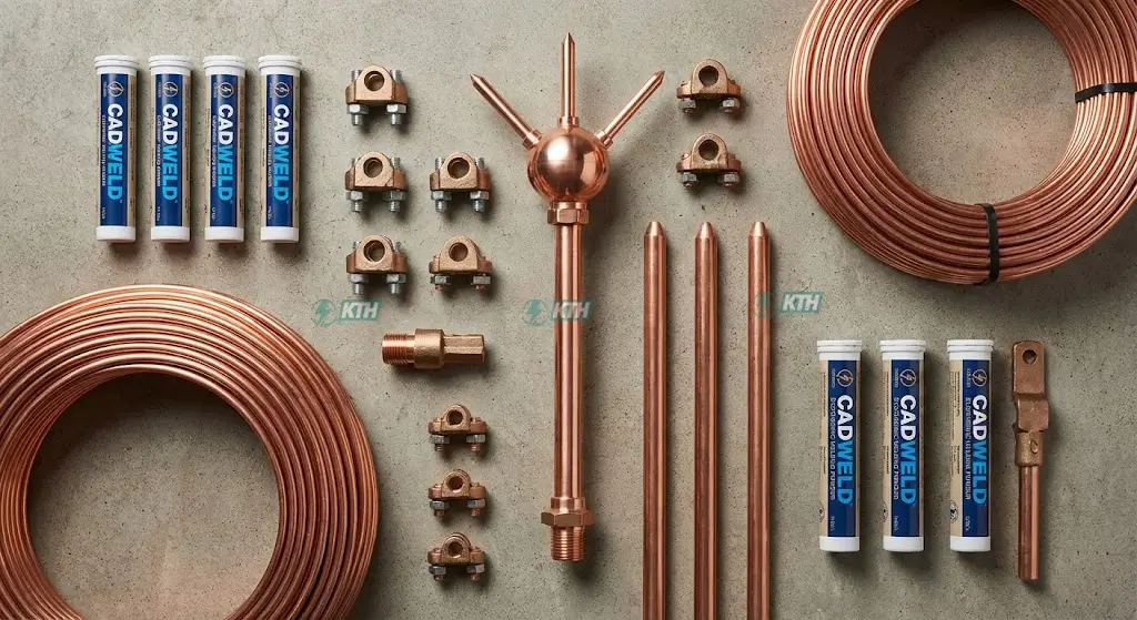 Trọn bộ vật tư thi công chống sét gồm kim thu sét ESE, cọc tiếp địa đồng và thuốc hàn hóa nhiệt.