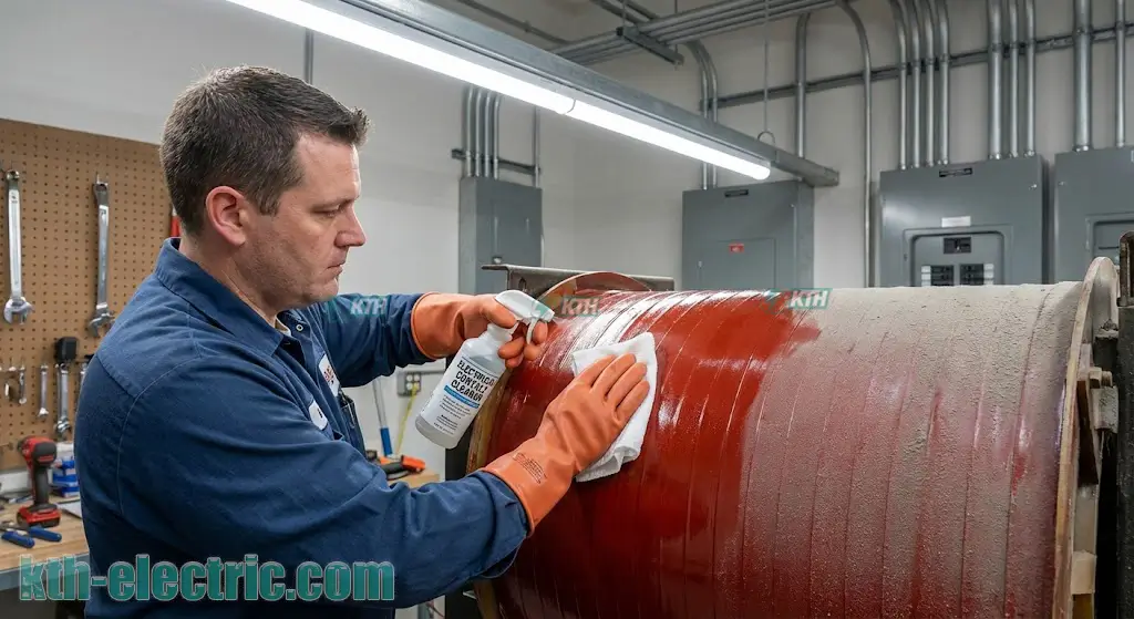 Kỹ thuật viên dùng dung dịch chuyên dụng và khăn sạch lau chùi cuộn dây máy biến áp khô Cast Resin.