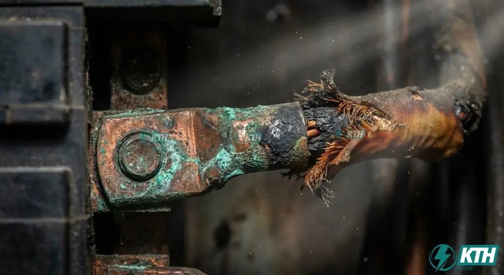 Cận cảnh mối nối điện bị lỏng và oxy hóa sinh nhiệt cao làm nóng chảy lớp cách điện gây nguy cơ chập cháy.