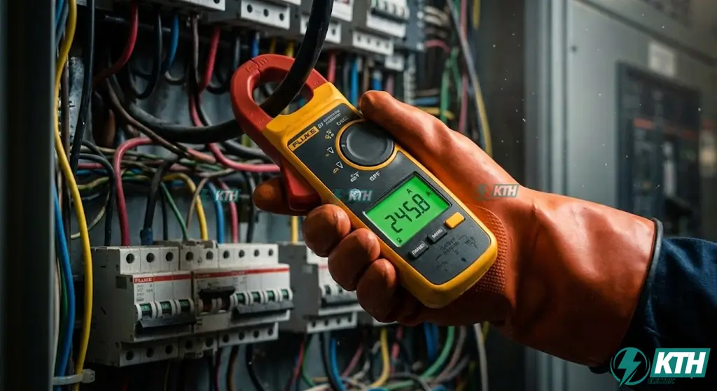 Ampe Kìm Chuyên Dụng: Hướng Dẫn Chọn Mua & Kỹ Thuật Đo (2025) 1 Kỹ thuật viên sử dụng ampe kìm chuyên dụng True RMS để đo dòng điện tải lớn trong tủ điện tổng MSB an toàn.