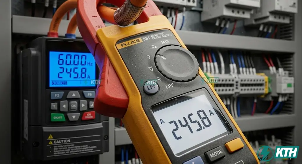 Ampe Kìm Chuyên Dụng: Hướng Dẫn Chọn Mua & Kỹ Thuật Đo (2025) 4 Ứng dụng ampe kìm True RMS có tính năng lọc nhiễu Low Pass Filter để đo chính xác đầu ra biến tần VFD.