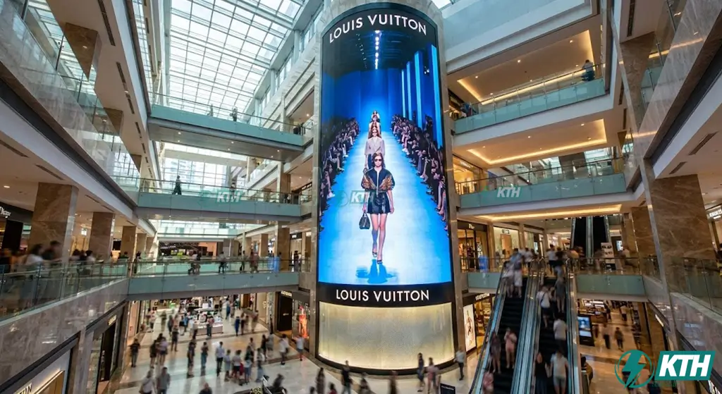 Bảng Hiệu Thông Minh Digital Signage & Màn Hình LED Tương Tác 1 Màn hình quảng cáo kỹ thuật số Digital Signage kích thước lớn hiển thị video 4K sắc nét tại sảnh trung tâm thương mại cao cấp TP.HCM.