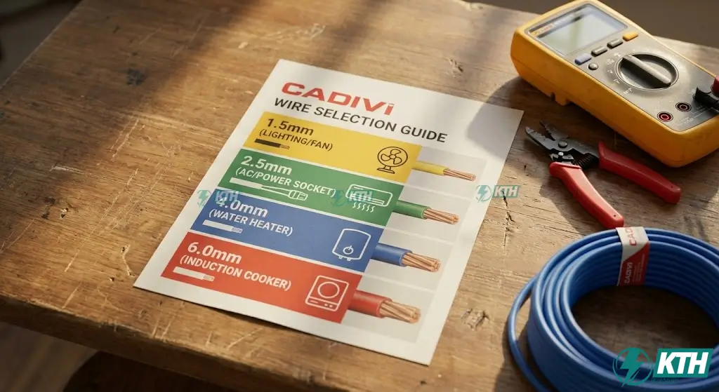 Bảng tra cứu nhanh tiết diện dây điện Cadivi theo công suất thiết bị gia dụng (máy lạnh, bếp từ, bình nóng lạnh) giúp chọn dây an toàn và tiết kiệm điện.
